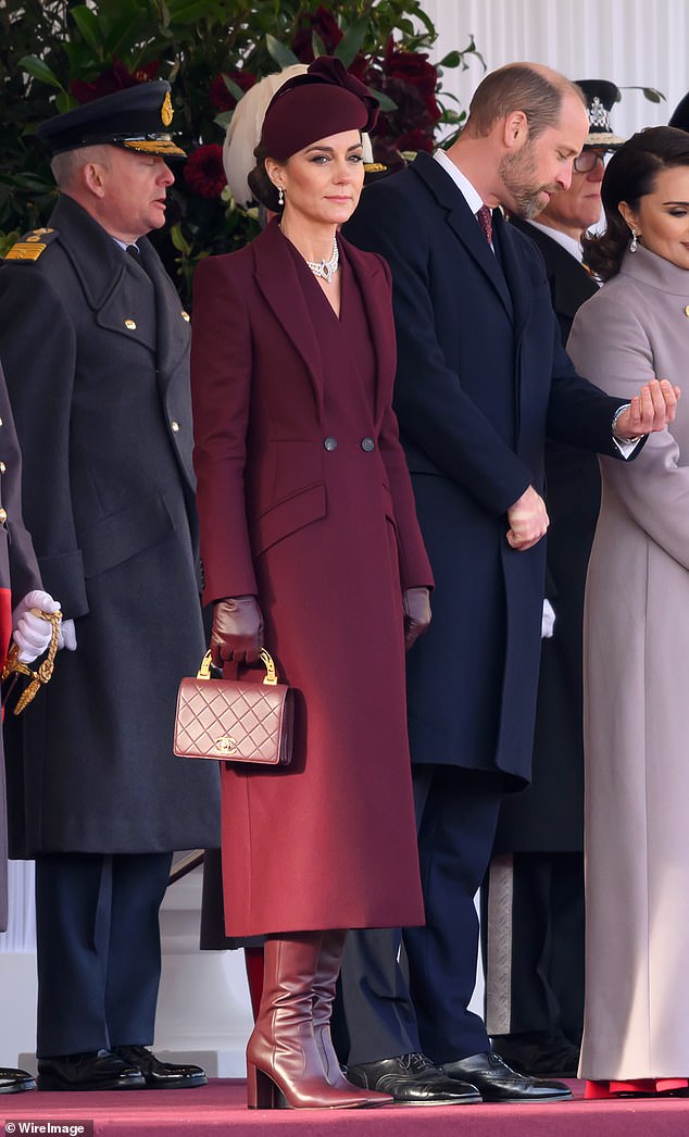 In December 2024, Kate greeted the Emir of Qatar during his UK state visit in a striking Alexander McQueen coat