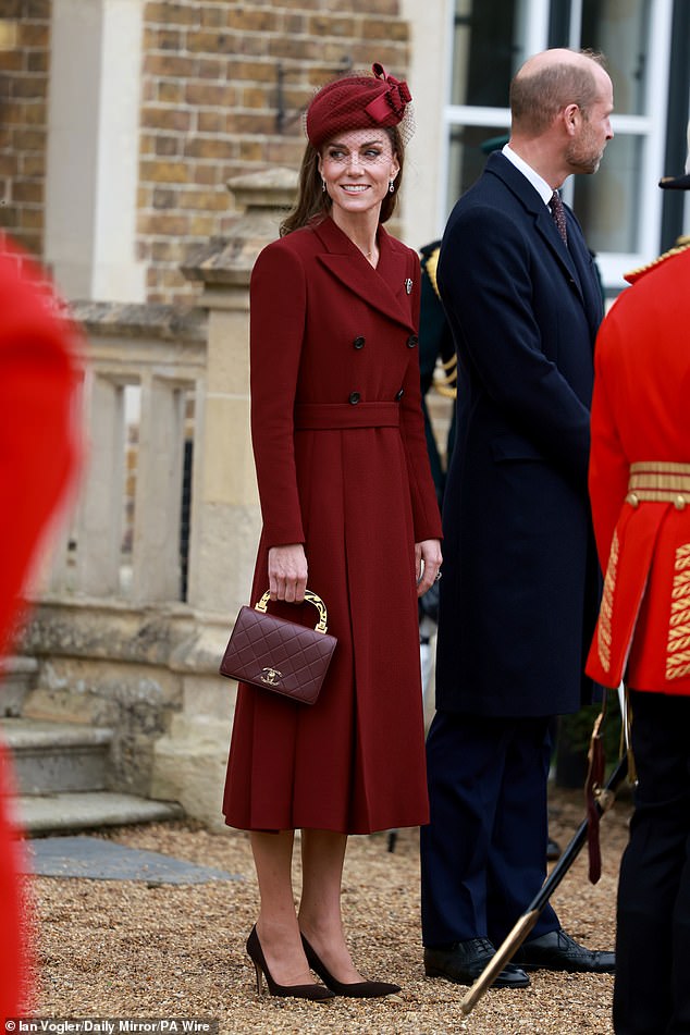 Kate embraced head-to-toe burgundy as she joined the Royal Family in welcoming President Donald Trump and the First Lady to Windsor