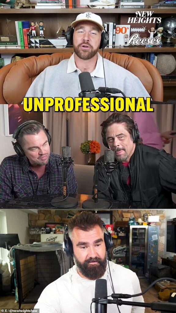 Travis and Jason Kelce score big Leonardo DiCaprio interview as Oscar winner joins Benicio del Toro DiCaprio and del Toro are the latest big-name stars to do an episode of New Heights, which Travis described to the group as: 'The most unprofessional podcast there has ever been'