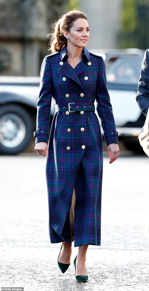Kate debuted her Holland Cooper tartan trench coat at the Palace of Holyroodhouse in May 2021