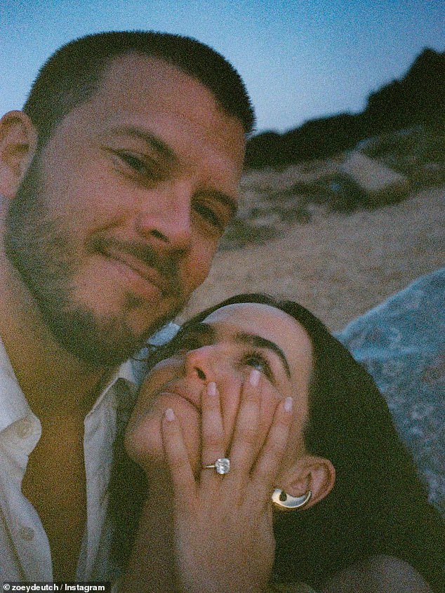'Three months engaged to the love of my life,' Deutch captioned a series of romantic photos, including Polaroids of the couple embracing by the beach