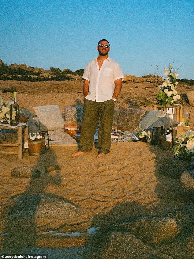 'Three months engaged to the love of my life,' Deutch captioned a series of romantic photos, including Polaroids of the couple embracing by the beach