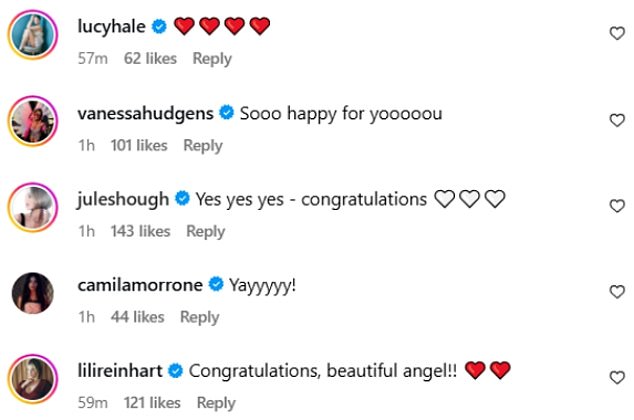 Hollywood friends immediately flooded the comments with love, including Lucy Hale, Vanessa Hudgens, Julianne Hough, Camila Morrone and Lili Reinhart