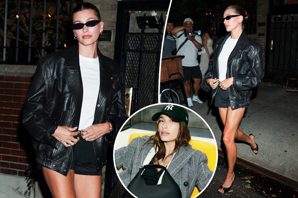 Hailey Bieber wears leather bomber and tiny mesh basketball shorts in NYC Hailey Bieber wears leather bomber and tiny mesh basketball shorts in NYC