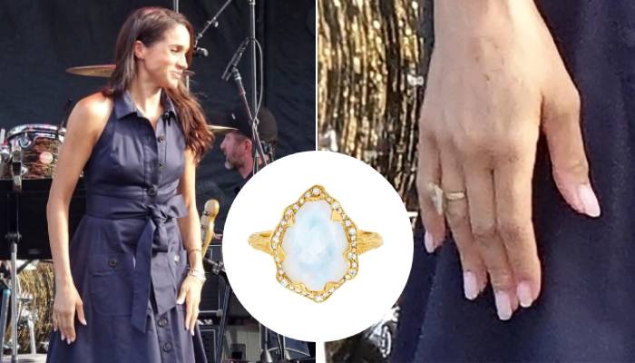 Meghan wears the Queen Water Drop Moonstone Ring