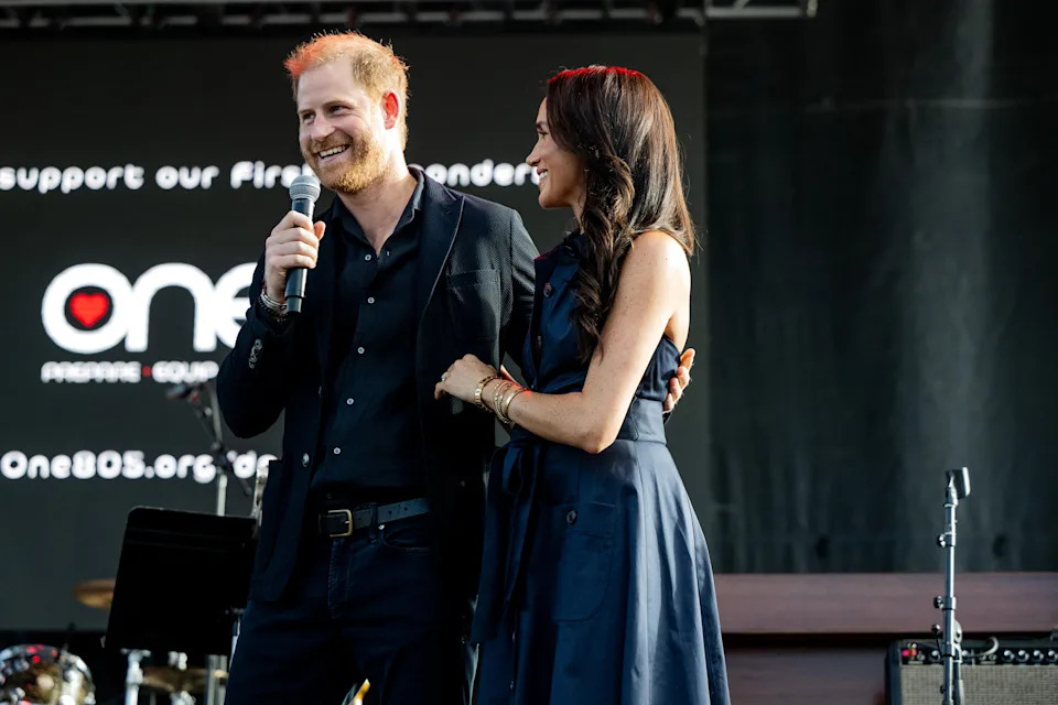 CARPINTERIA, CALIFORNIA - SEPTEMBER 20: (L-R) Prince Harry, Duke of Sussex, and Meghan Markle, Duchess of Sussex attend the One805LIVE! 2025 concert benefiting first responders on September 20, 2025 in Carpinteria, California. (Photo by Scott Dudelson/Getty Images for ABA)