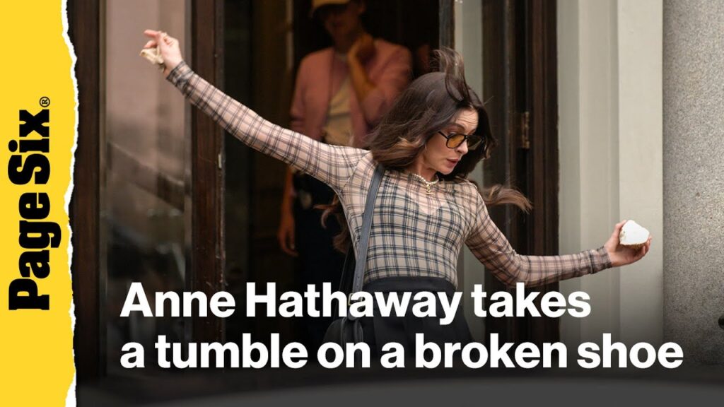 Anne Hathaway takes a tumble on a broken shoe while filming 'The Devil Wears Prada 2'