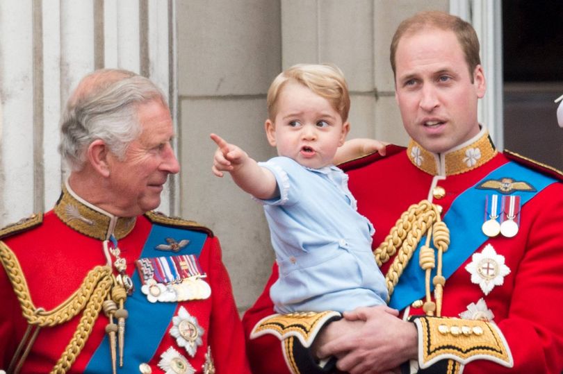 Prince Charles, Prince of Wales with Prince William, Duke of Cambridge and Prince George of Cambridge during the annual Trooping The Colour ceremony at Buckingham Palace on June 13, 2015 in London, England.  (Photo by Mark Cuthbert/UK Press via Getty Images)