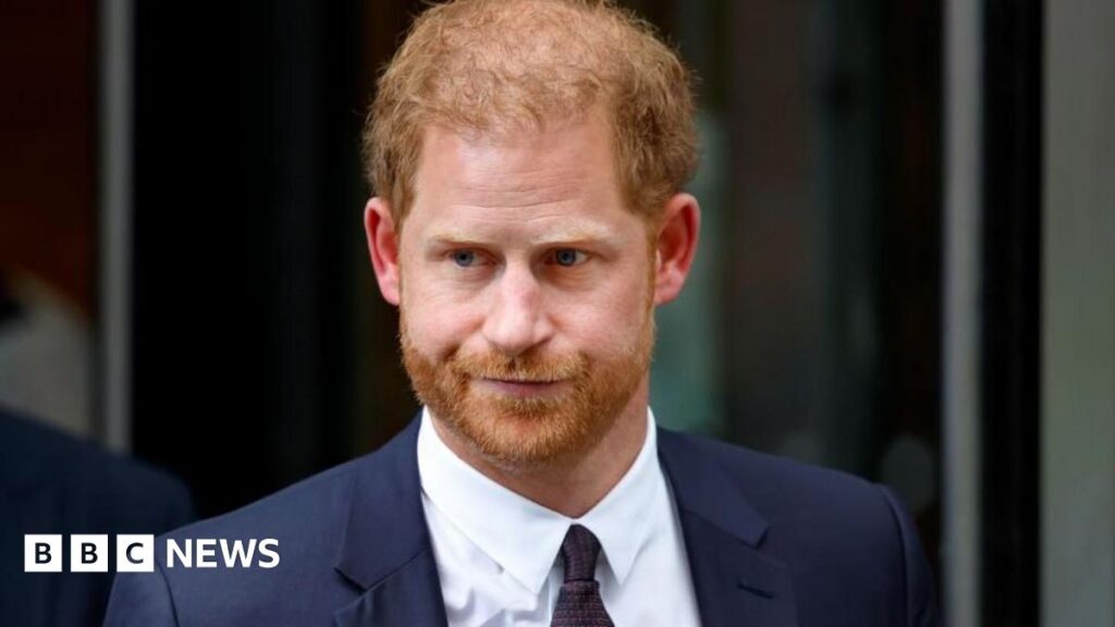 A split image showing the faces of Prince Harry and King Charles. Both wear blue blazers and light shirts.