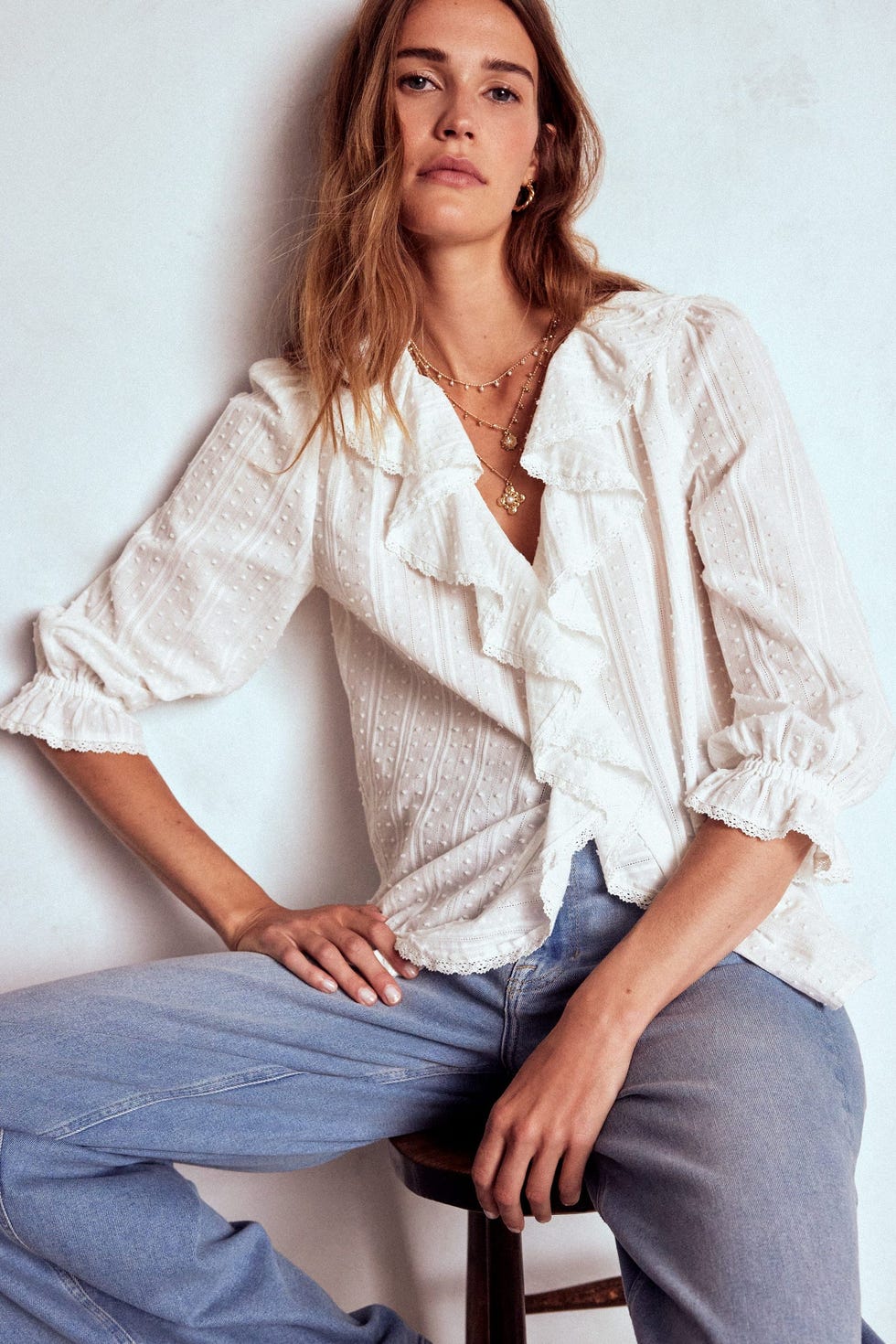 Ruffle V-Neck Blouse White
