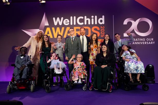 Prince Harry and host Gaby Roslin with the WellChild Award winners 2025