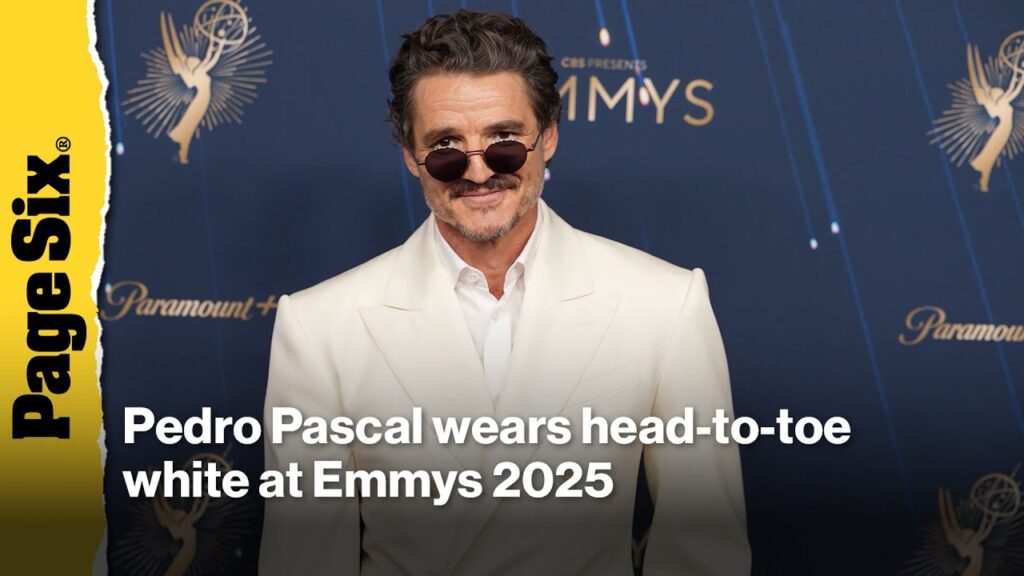 Pedro Pascal looks sharp in head-to-toe white on Emmys 2025 red carpet