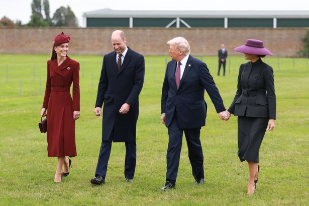 WINDSOR, ENGLAND - SEPTEMBER 17: Catherine, Princess of Wales (L) and Prince William, Prince of Wales (2nd L) arrive at Windsor Castle with US President Donald Trump and First Lady Melania Trump on day two of the US President Donald Trump's second state visit to the UK on September 17, 2025 in Windsor, England. (Photo by Ian Vogler - WPA Pool/Getty Images)
