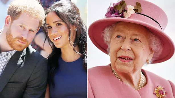 Prince Harry and Meghan Markle next to the Queen