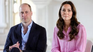 Prince William, a white man wearing a suit, and Kate Middleton, a white woman with brown hair wearing a pink blouse