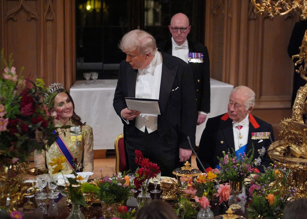 windsor, england september 17: us president donald trump speaks to catherine, princess of wales as he delivers his speech as king charles iii listens during the state banquet at windsor castle for the state visit by the president of the united states of america on september 17, 2025 in windsor, england. president trump is in england from sept. 16 18 on his second uk state visit, with the previous one taking place in 2019 during his first presidential term. (photo by yui mok wpa pool/getty images)