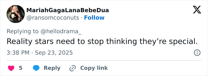 Screenshot of a social media post with a reality TV star criticizing Meghan Markle for being unappreciative.