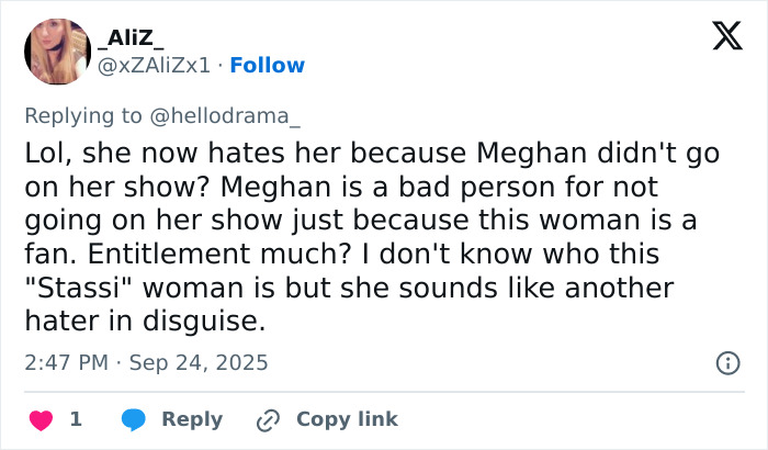 Tweet screenshot showing a user criticizing a reality TV star’s comments about Meghan Markle being unappreciative.
