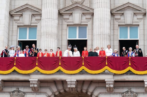 The Duke of Edinburgh, the Earl of Wessex, Lady Louise Windsor, Vice Admiral Sir Tim Laurence, the Duchess of Edinburgh, the Princess Royal, Princess Charlotte, the Princess of Wales, Prince Louis, the Prince of Wales, the King's Pages of Honour including Prince George, Lord Oliver Cholmondley, Nicholas Barclay, Ralph Tollemache, King Charles III and Queen Camilla, the Queen's Pages of Honour including Louis and Gus Lopes, Freddy Parker Bowles and Arthur Eliot, Lady in Attendance Annabel Eliot and Marchioness of Lansdowne, Princess Alexandra of Kent, the Duke of Kent, the Duchess of Gloucester and the Duke of Gloucester, on the balcony of Buckingham Palace, London, to view a flypast following the coronation of King Charles III and Queen Camilla. Picture date: Saturday May 6, 2023.