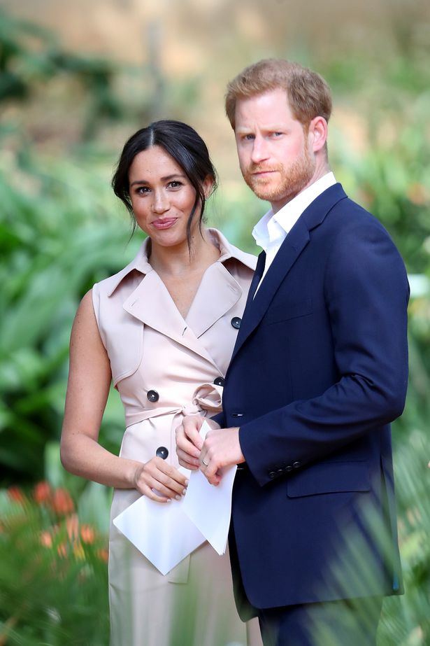 Meghan Markle, in a beige coat, and Prince Harry, in a blue suit, stood beside each other in 2019.