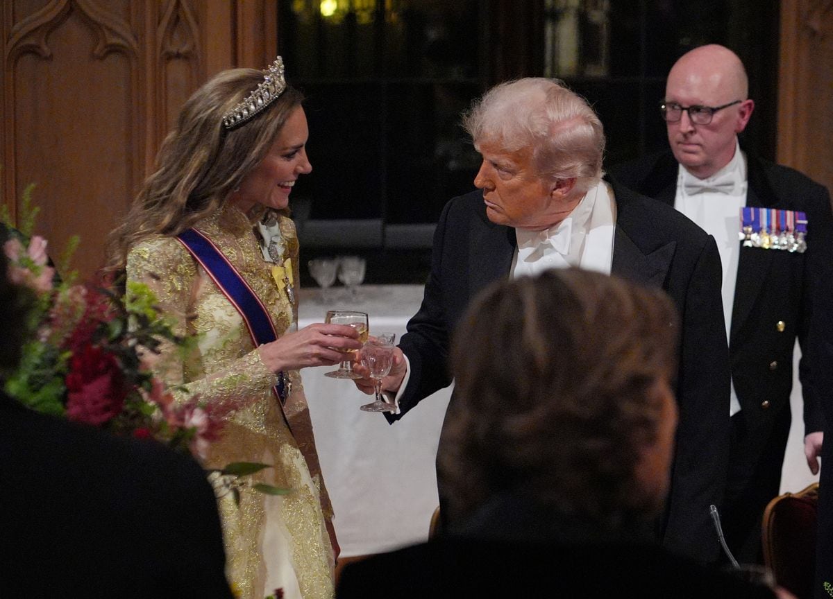Catherine, Princess of Wales, toasts US President Donald Trump after his speech during the State Banquet at Windsor Castle