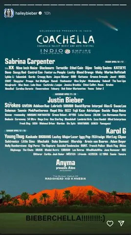 Hailey Bieber/Instagram Hailey Bieber's Instagram Story in support of Justin Bieber named 2026 Coachella headliner.