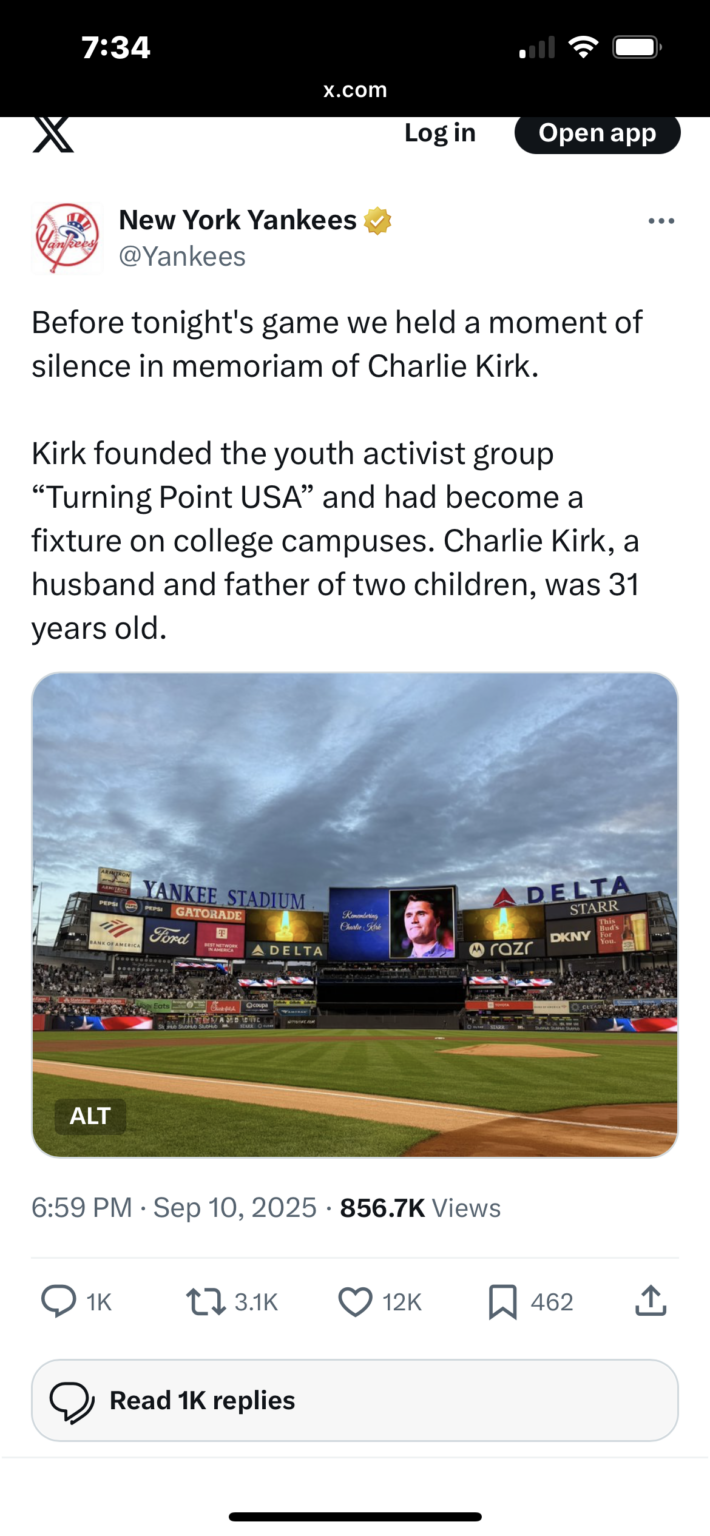 The Yankees held a moment of silence for Charlie Kirk
