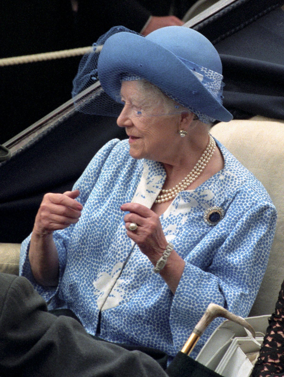The Queen Mother arrives for the races at Royal Ascot on June 21, 1996 (John Stillwell/PA Images/Alamy)