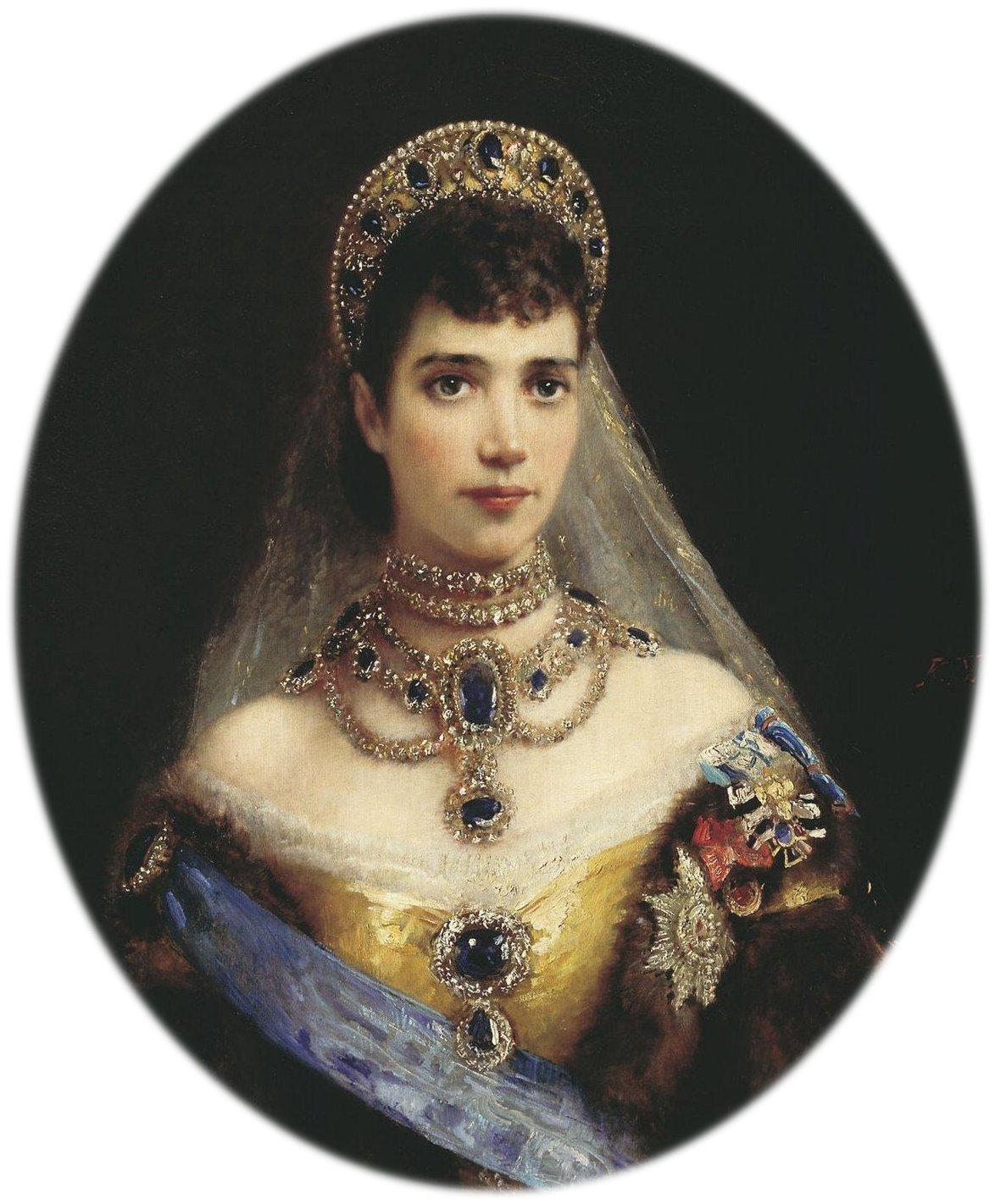 Empress Marie Feodorovna of Russia wears her sapphires in a portrait by Konstantin Makovsky (Wikimedia Commons)