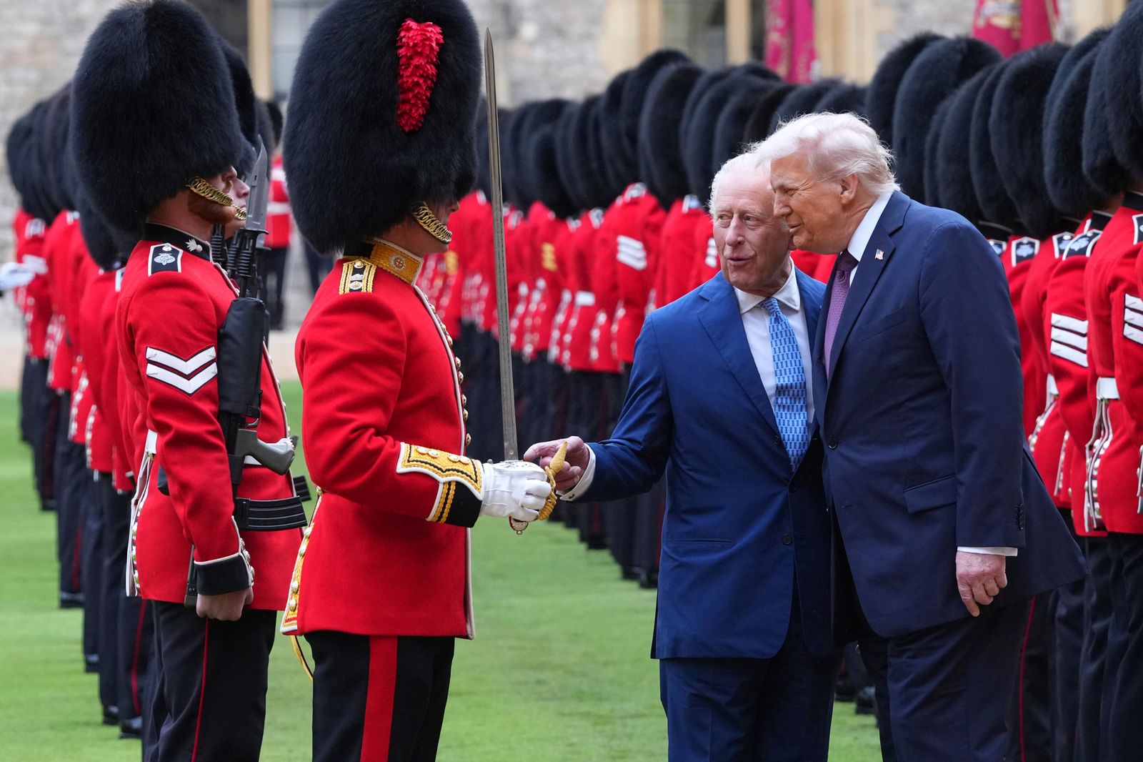 President Donald Trump  and King Charles III  review the Guard of Honour after their arrival at Windsor Castle on day...