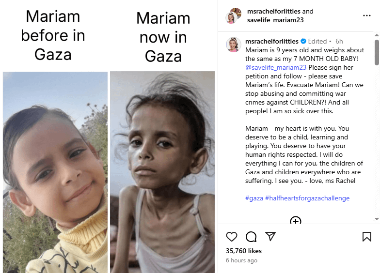 Ms. Rachel on Israel's genocide in Gaza: Mariam is 9 years old and weighs about the same as my 7 MONTH OLD BABY!