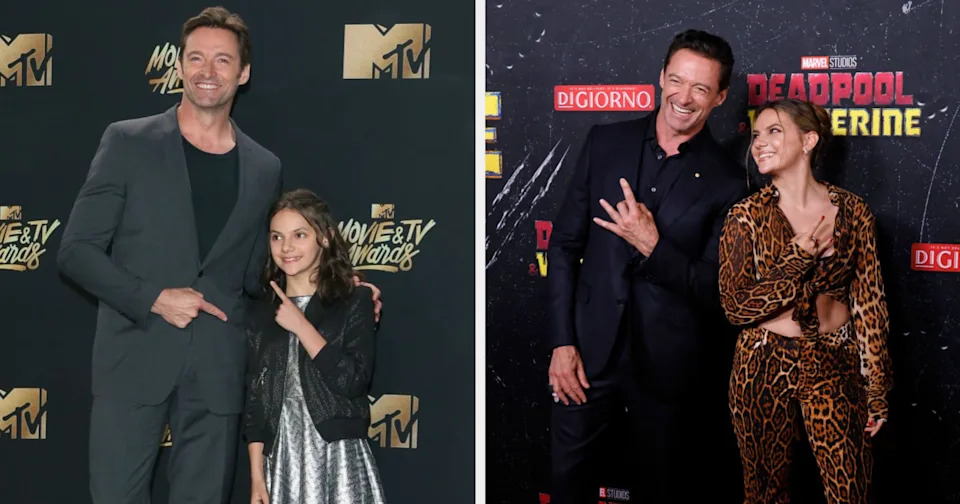 Two photos of a man with a child, and the same man with an adult woman, posing playfully at different MTV events