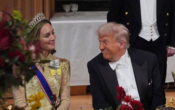 U.S. President Donald Trump, centre, and Kate, Princess of Wales, listens to Britain's King Charles during the State Banquet in Windsor Castle, England, on day one of U.S. President Donald Trump and First Lady Melania Trump's second state visit to the UK, Wednesday Sept. 17, 2025. (Yui Mok/PA via AP, Pool Photo via AP)