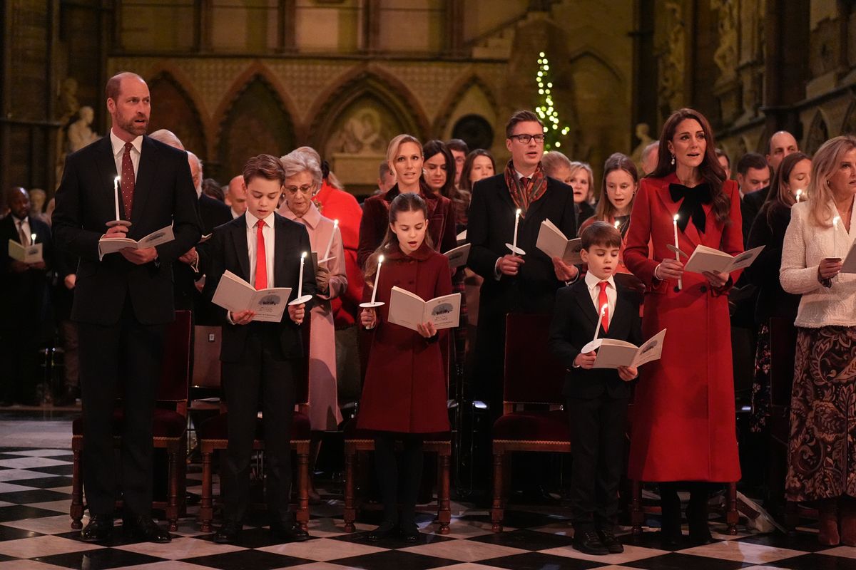 LONDON, ENGLAND - DECEMBER 6: (left to right) Prince William, Prince of Wales, Prince George, Princess Charlotte, Prince Louis and Catherine, Princess of Wales during the 'Together At Christmas' Carol Service at Westminster Abbey on December 6, 2024 in London, England. The Prince and Princess of Wales, along with other members of the Royal Family, attended the annual carol service. Led by The Princess and supported by The Royal Foundation, the event offered a chance to pause and reflect on the profound values of love, compassion, and the vital connections we shareâparticularly during life's most challenging moments. The service also highlighted remarkable individuals from across the UK who have demonstrated extraordinary kindness, empathy, and support within their communities. (Photo by Aaron Chown - WPA Pool/Getty Images)