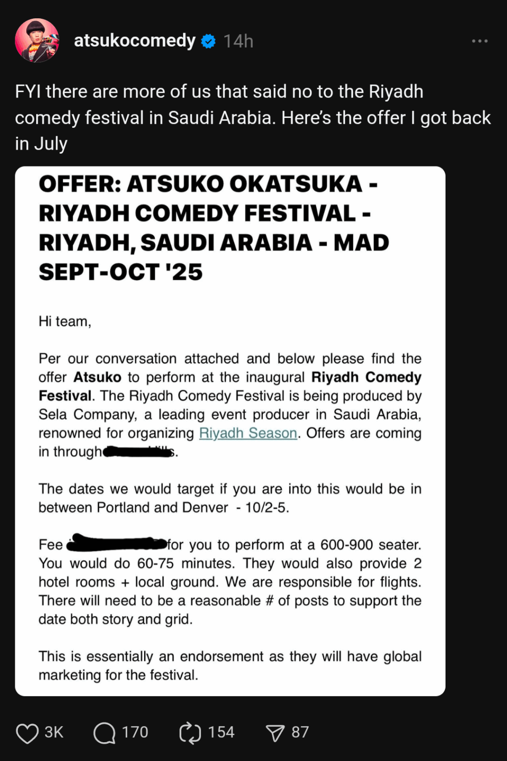 Comedian Atsuko Okatsuka shares she turned down Riyadh Comedy Festival with screenshots of offer and content restrictions