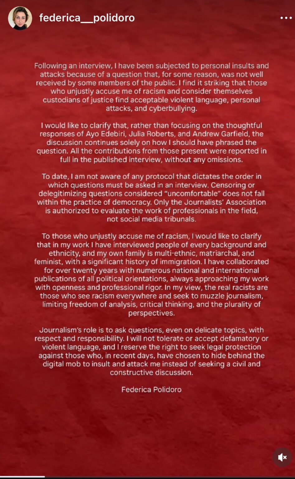 Federica Polidoro, the journalist who interviewed Ayo, Julia, and Andrew for “After the Hunt,” makes a statement