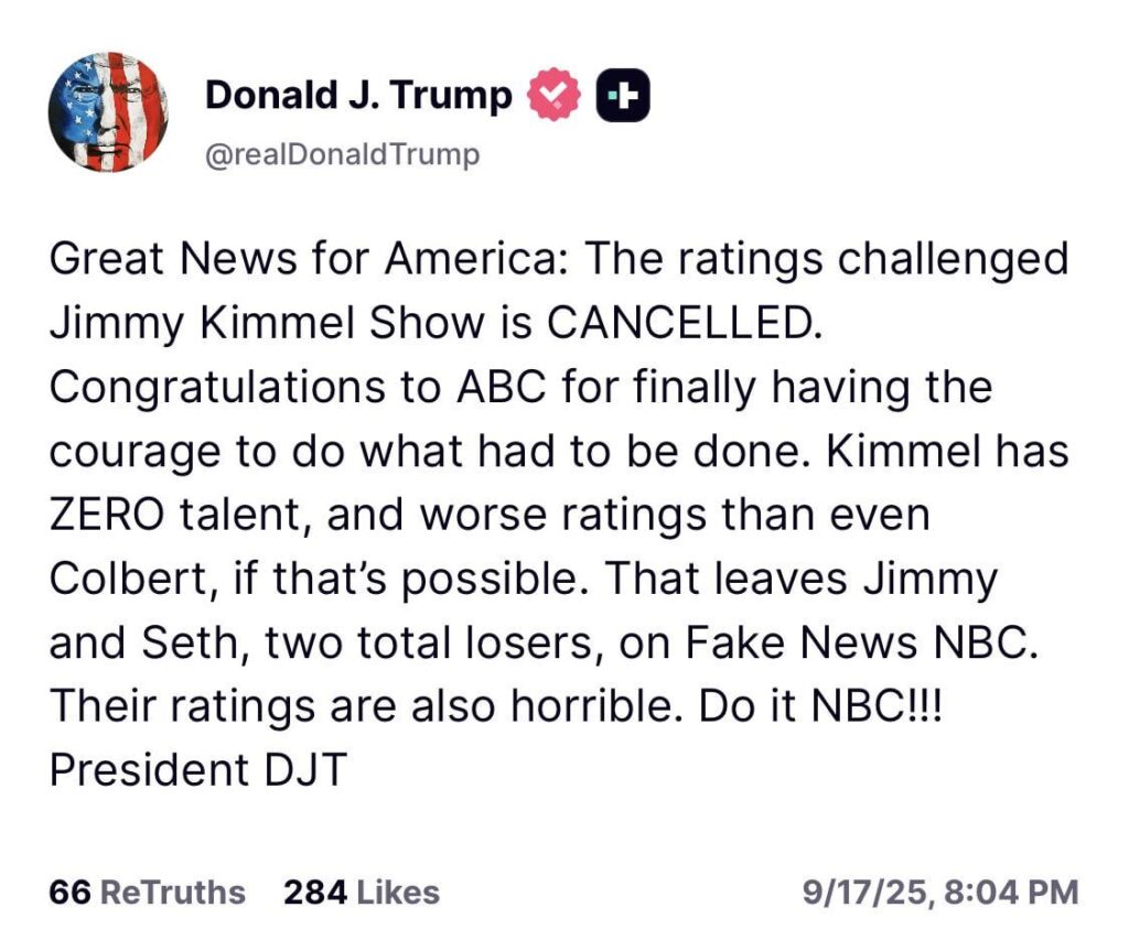 Donald Trump applauds ABC on canceling Jimmy Kimmel’s late night show over his comments on Charlie Kirk & calls for Jimmy Fallon & Seth Meyers to be next: “Congratulations to ABC for finally having the courage to do what had to be done.“