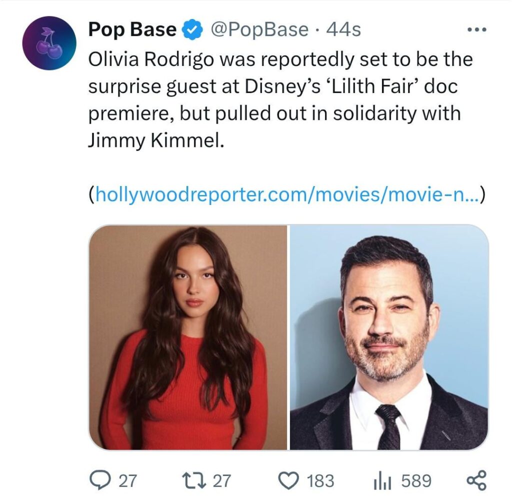 Olivia Rodrigo reportedly pulled out as a surprise guest for Disney's 'Lillith Fair' doc premiere in solidarity with Jimmy Kimmel