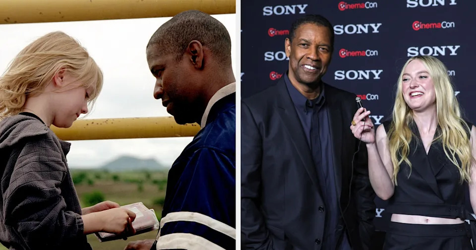 Two images: Left, a scene from a movie with a young girl and a man. Right, the same actors at an event, the man in a suit and the woman in a stylish outfit