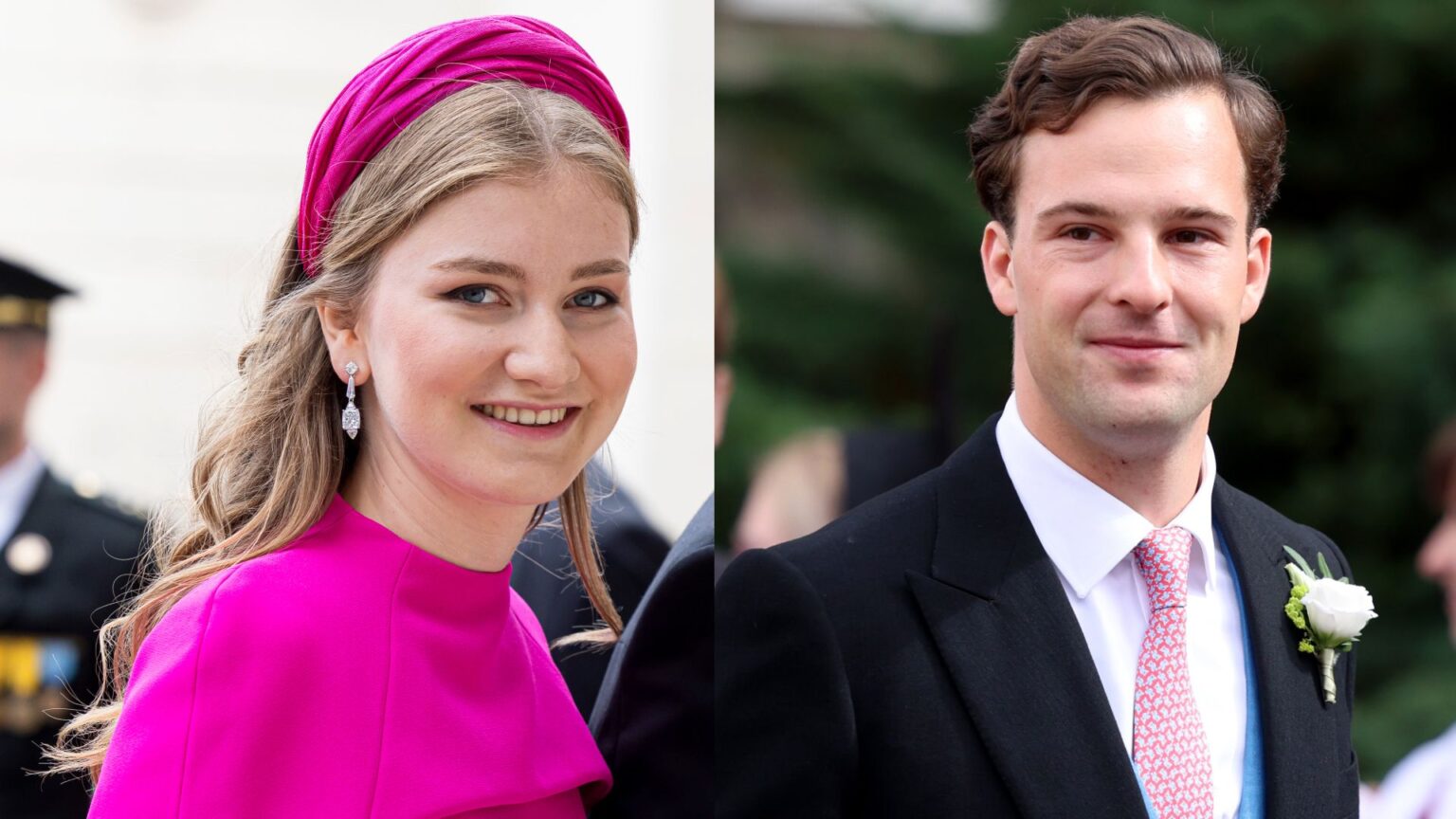 Princess Elisabeth of Belgium smiling in a pink dress and headband; Prince Georg of Liechtenstein wearing a suit and pink tie