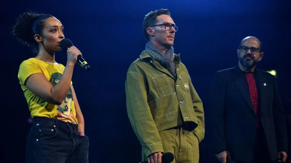 Ruth Negga, Benedict Cumberbatch and Amer Hlehel speak onstage during the Together For Palestine concert. - Jim Dyson/Getty Images for ABA