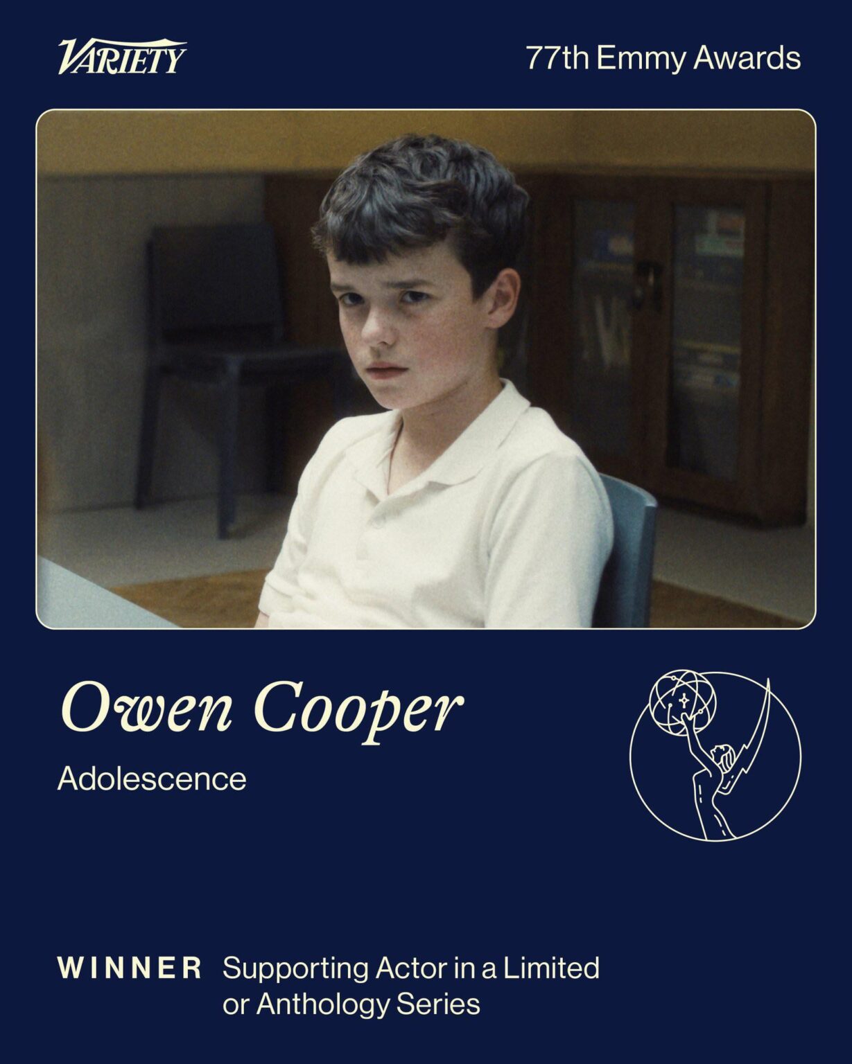 Owen Cooper wins Outstanding Supporting Actor in a Limited or Anthology Series or Movie at the EMMYs for ‘ADOLESCENCE’. At just 15 years old, Owen Cooper makes EMMY history as the youngest male winner of any acting category.
