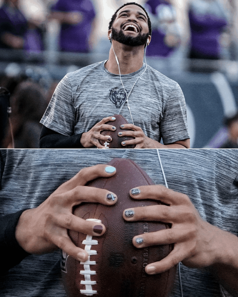 For his first game of the NFL season, Chicago Bears quarterback Caleb Williams honored Suicide Prevention by painting his nails with the movement's colors and logo on one hand, and "988", the number for the Suicide & Crisis Lifeline, on the other hand.