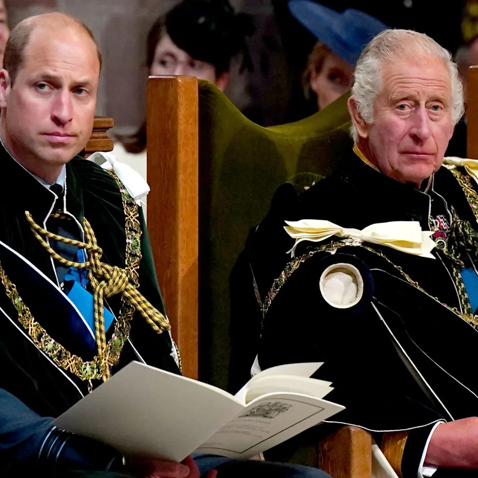 Prince William and King Charles wearing ceremonial robes and military medals.