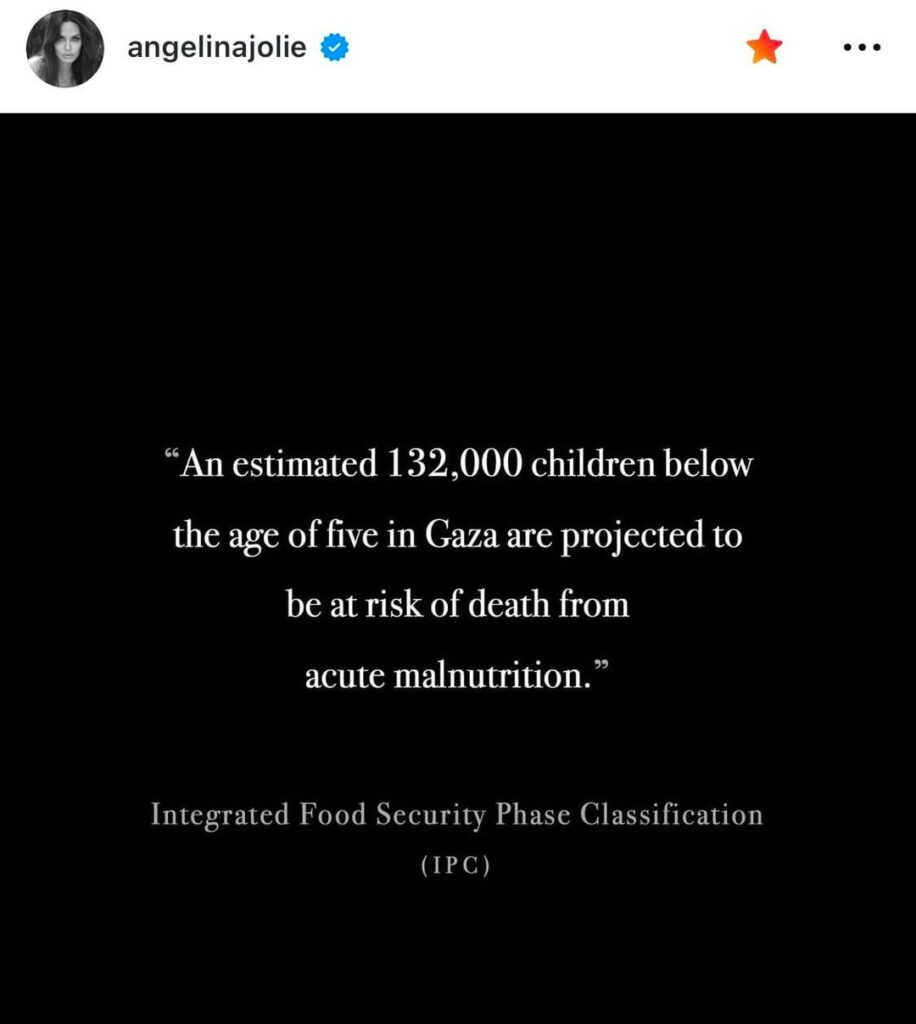 Angelina Jolie condemns UN Security Council countries who refuse to call for an end to the genocide & forced starvation in Palestine by Israel: “It is shattering to see that so many innocent lives – & principles so many of us stand by & believe in - are being disregarded in this way.“
