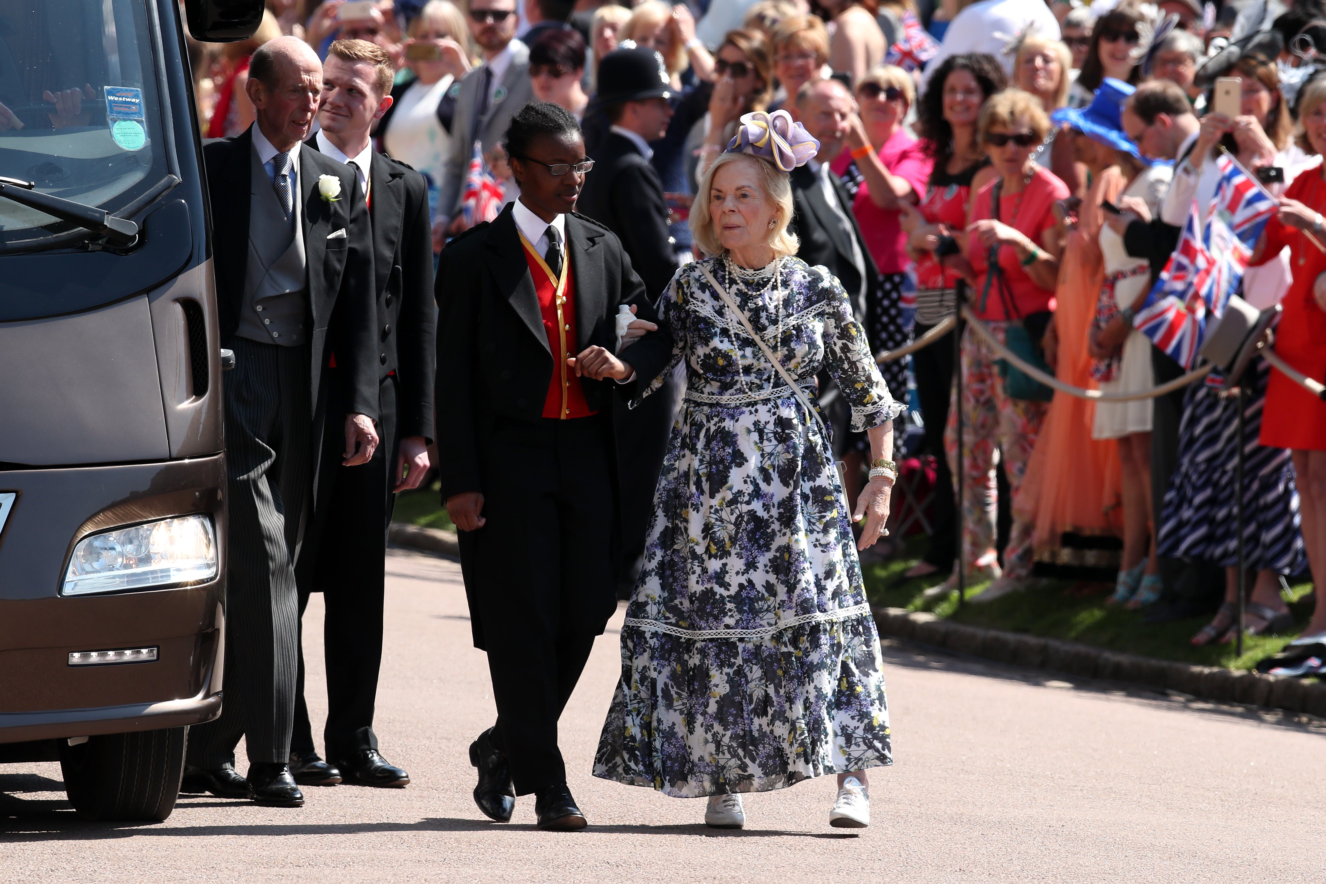 The Duke (far left) and the Duchess of Kent arrive in Windsor Castle for the wedding of Meghan Markle to the Duke of Sussex