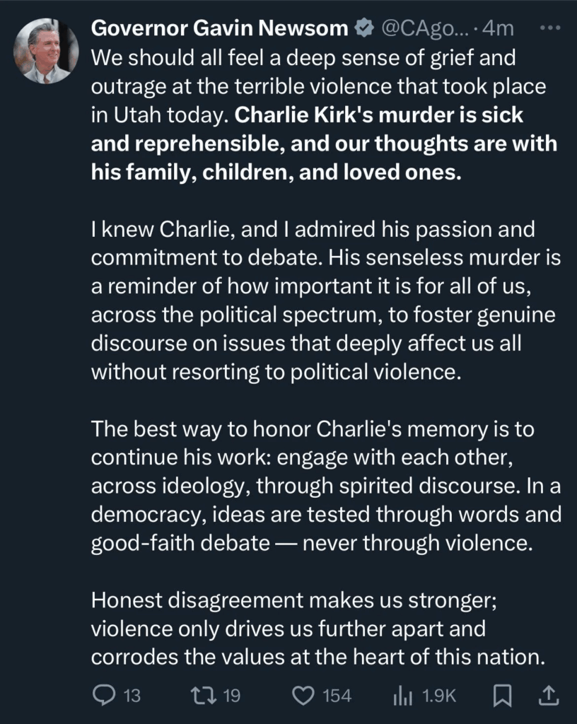 Gavin Newsom response on Charlie Kirk's murder