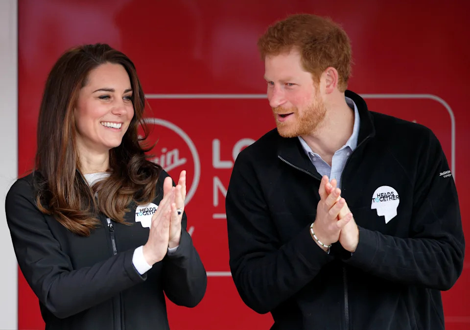 LONDON, UNITED KINGDOM - APRIL 23: (EMBARGOED FOR PUBLICATION IN UK NEWSPAPERS UNTIL 48 HOURS AFTER CREATE DATE AND TIME) Prince Harry and Catherine, Duchess of Cambridge attend the start of the 2017 Virgin Money London Marathon on April 23, 2017 in London, England. The Heads Together mental heath campaign, spearheaded by The Duke & Duchess of Cambridge and Prince Harry, is the marathon's 2017 Charity of the Year. (Photo by Max Mumby/Indigo/Getty Images)