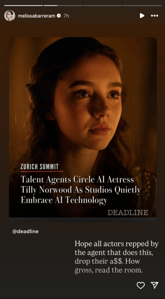 Melissa Barrera calls out agents trying to sign AI Actress Tilly Norwood: "Hope all actors repped by the agent that does this, drop their a$$. How gross, read the room"