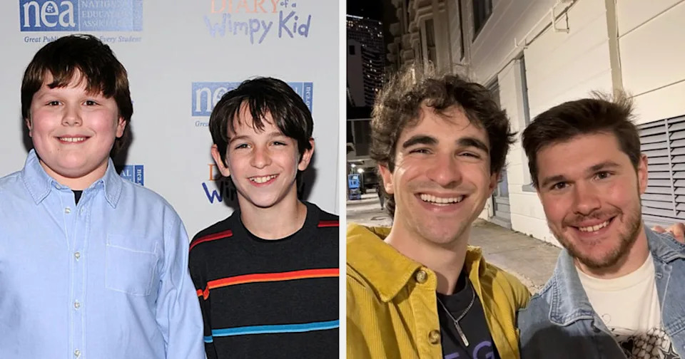 Two pairs of smiling people. Left: young boys in casual shirts at a public event. Right: grown men, outdoors at night